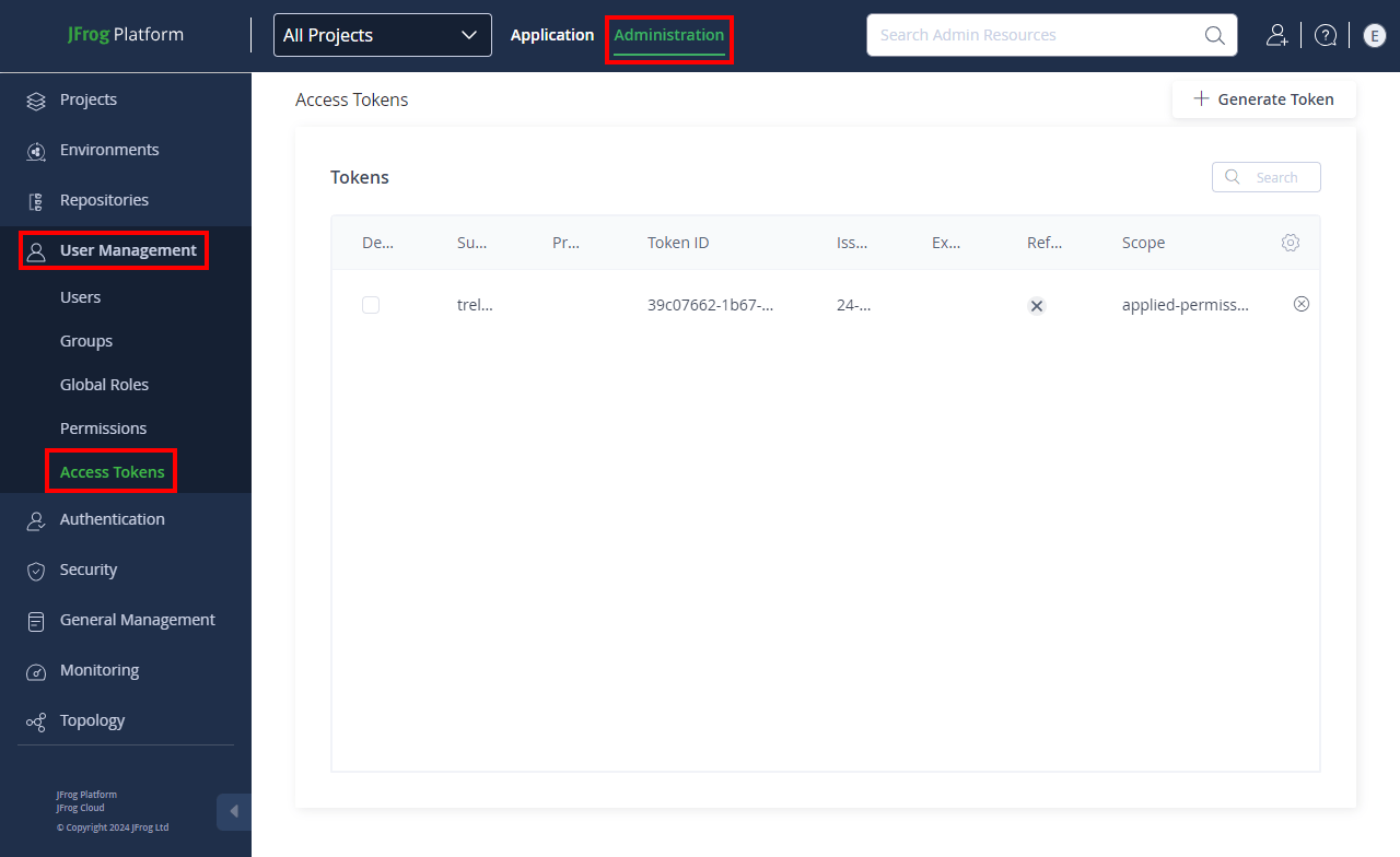JFrog Platform Access Tokens page with the Generate Token button highlighted