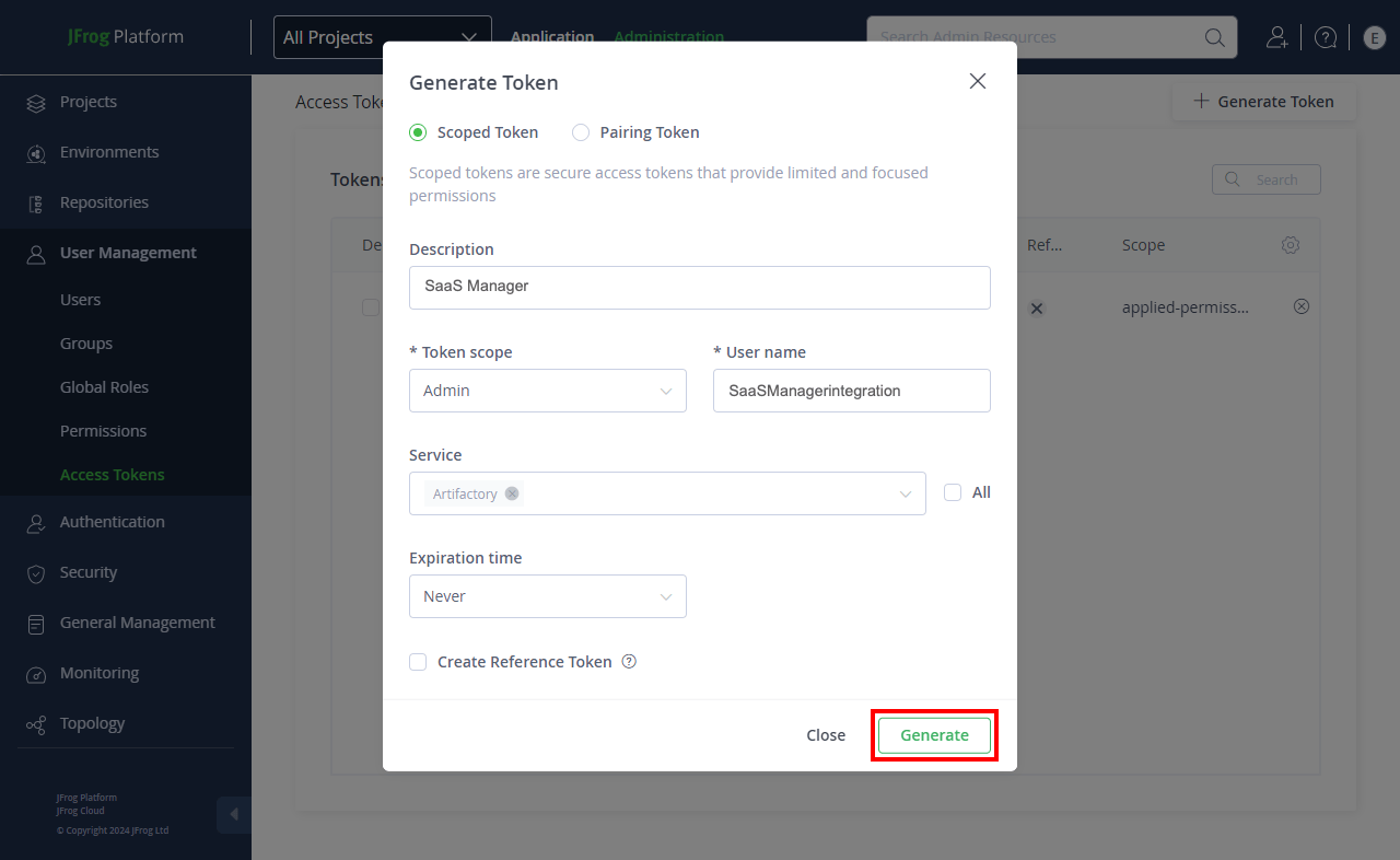 JFrog Generate Token dialog configured with a scoped token, Artifactory service, and Admin token scope
