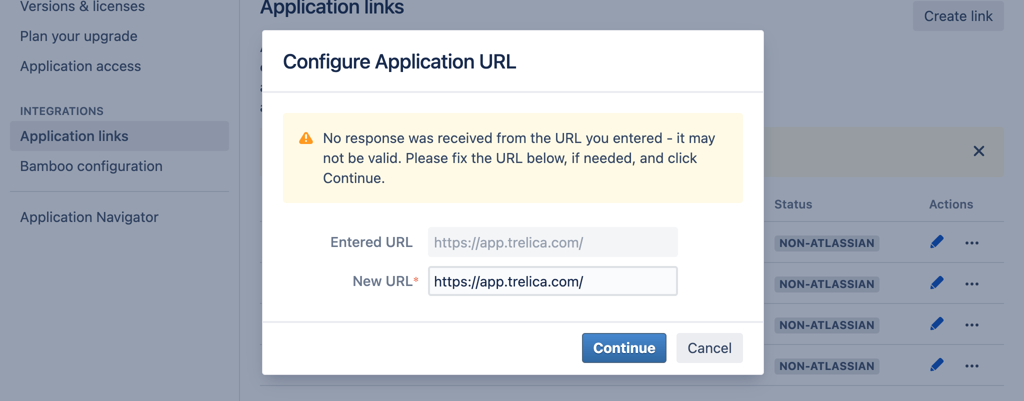 Jira application links settings