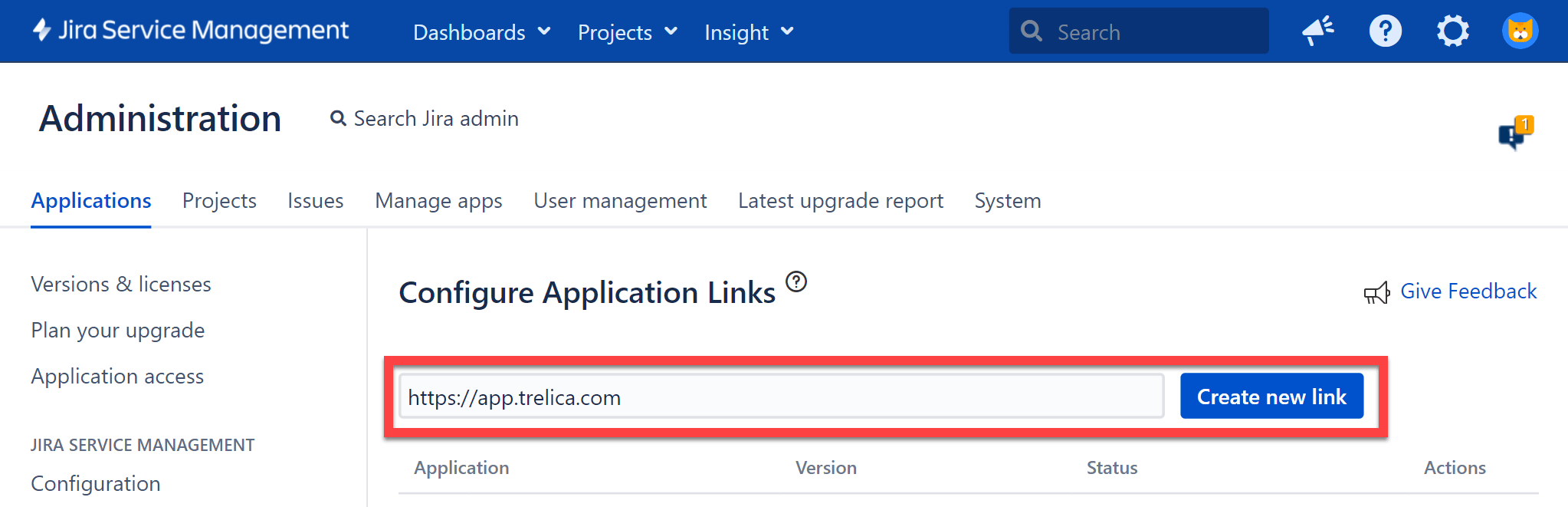 Create new application link