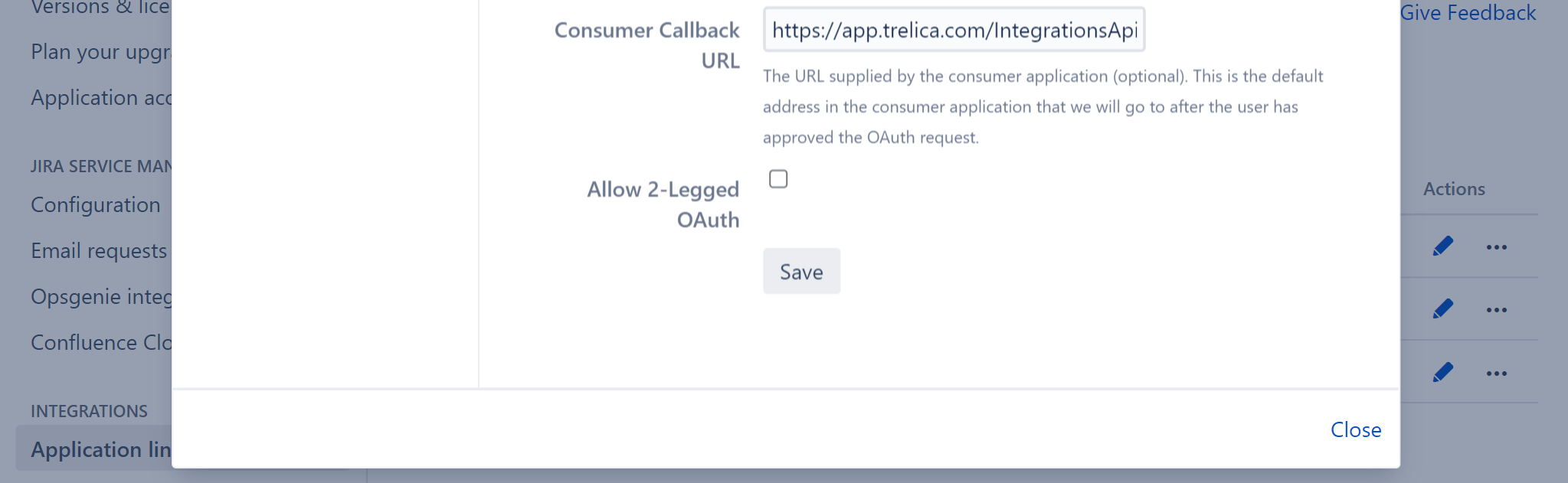 Jira OAuth application settings