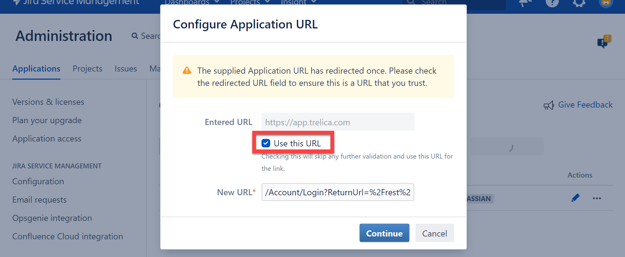Jira application link configuration form