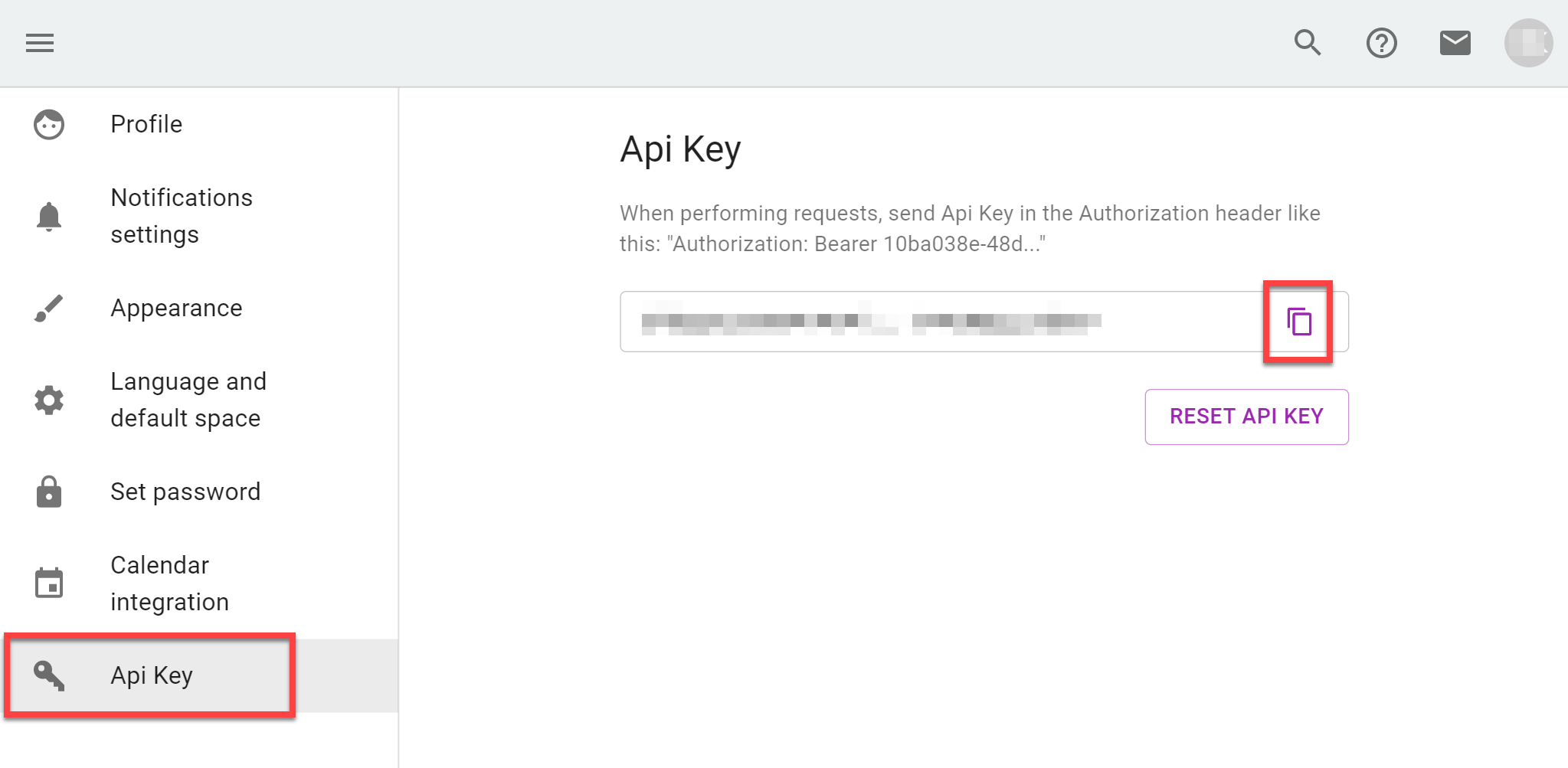 Kaiten profile settings showing the API key section and Copy to clipboard icon
