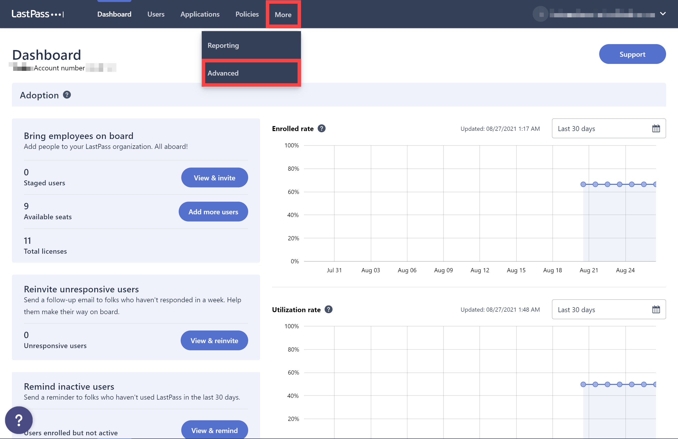 LastPass Admin Console More menu with Advanced highlighted