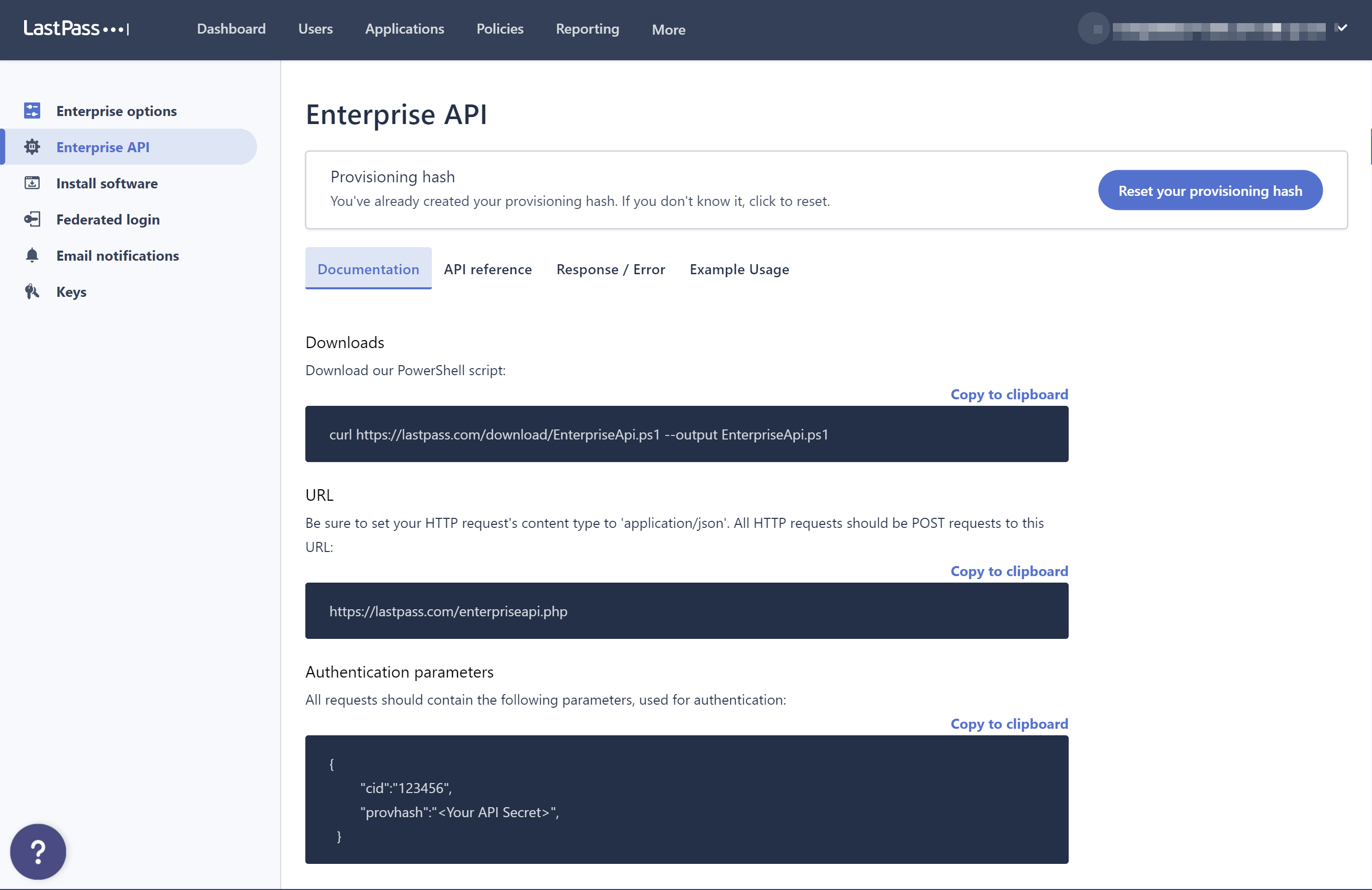 LastPass Enterprise API page with the Reset your provisioning hash button