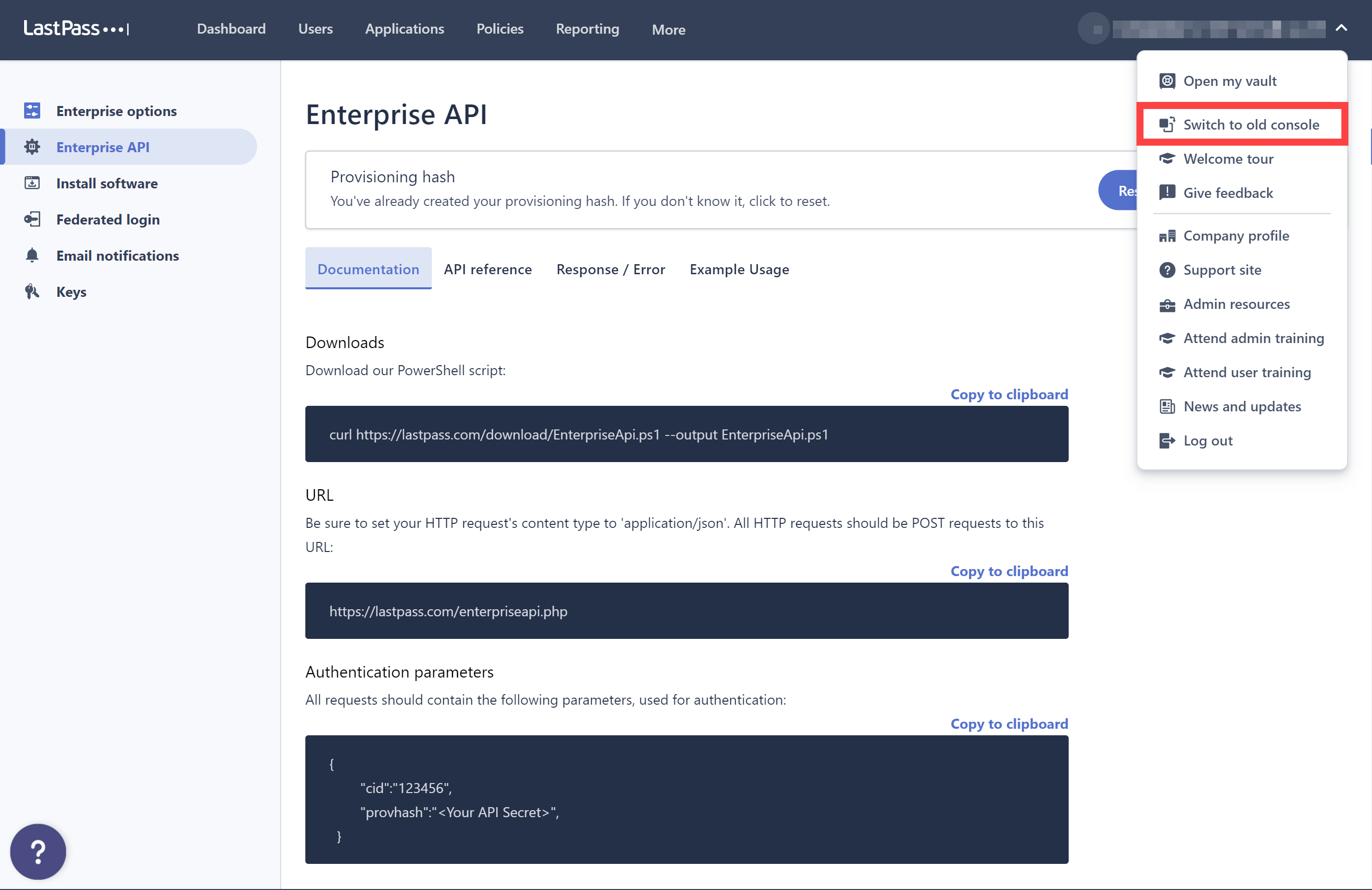 LastPass Admin Console account menu with Switch to old console highlighted