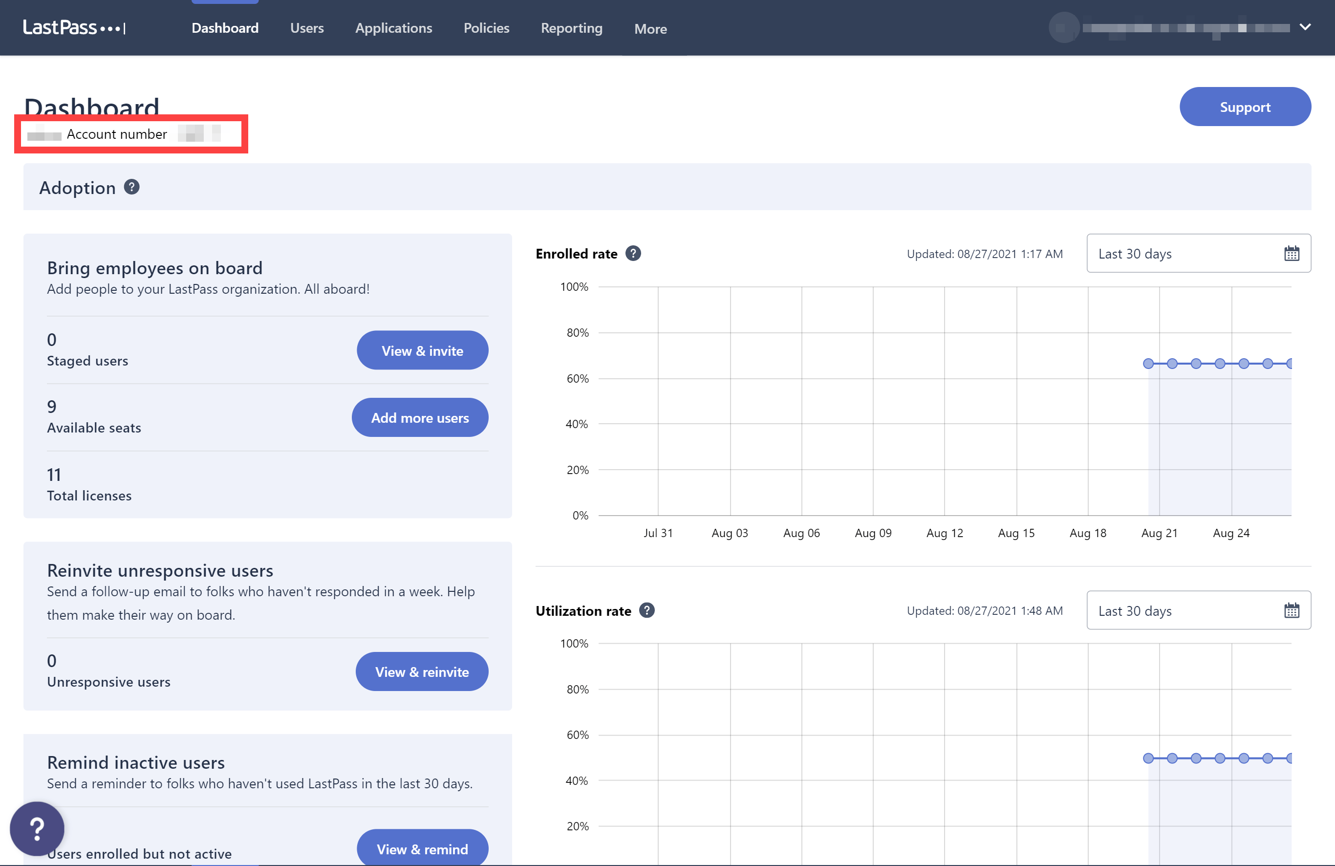 LastPass Admin Console dashboard with the account number highlighted