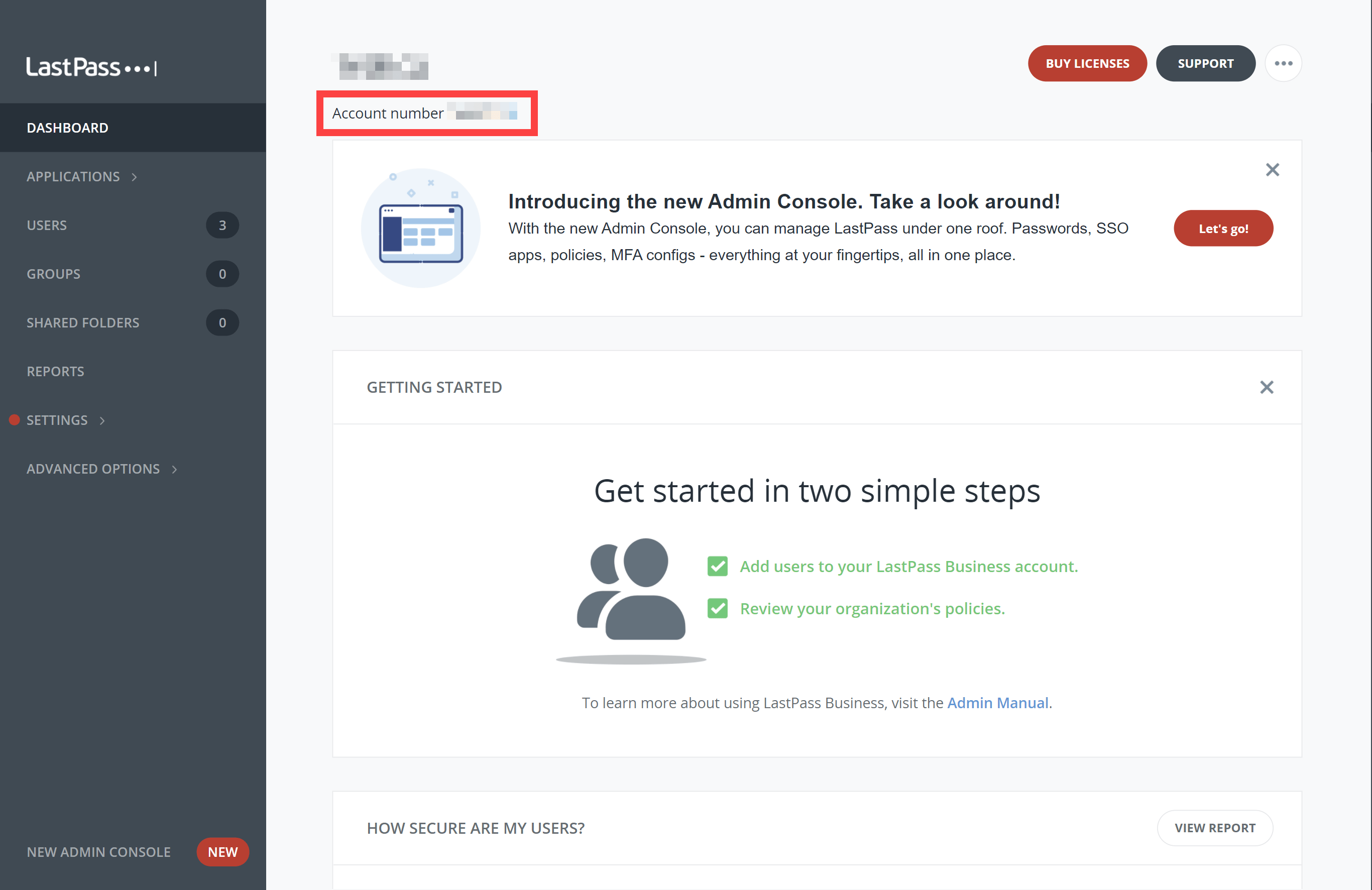 LastPass old admin console dashboard with the account number highlighted