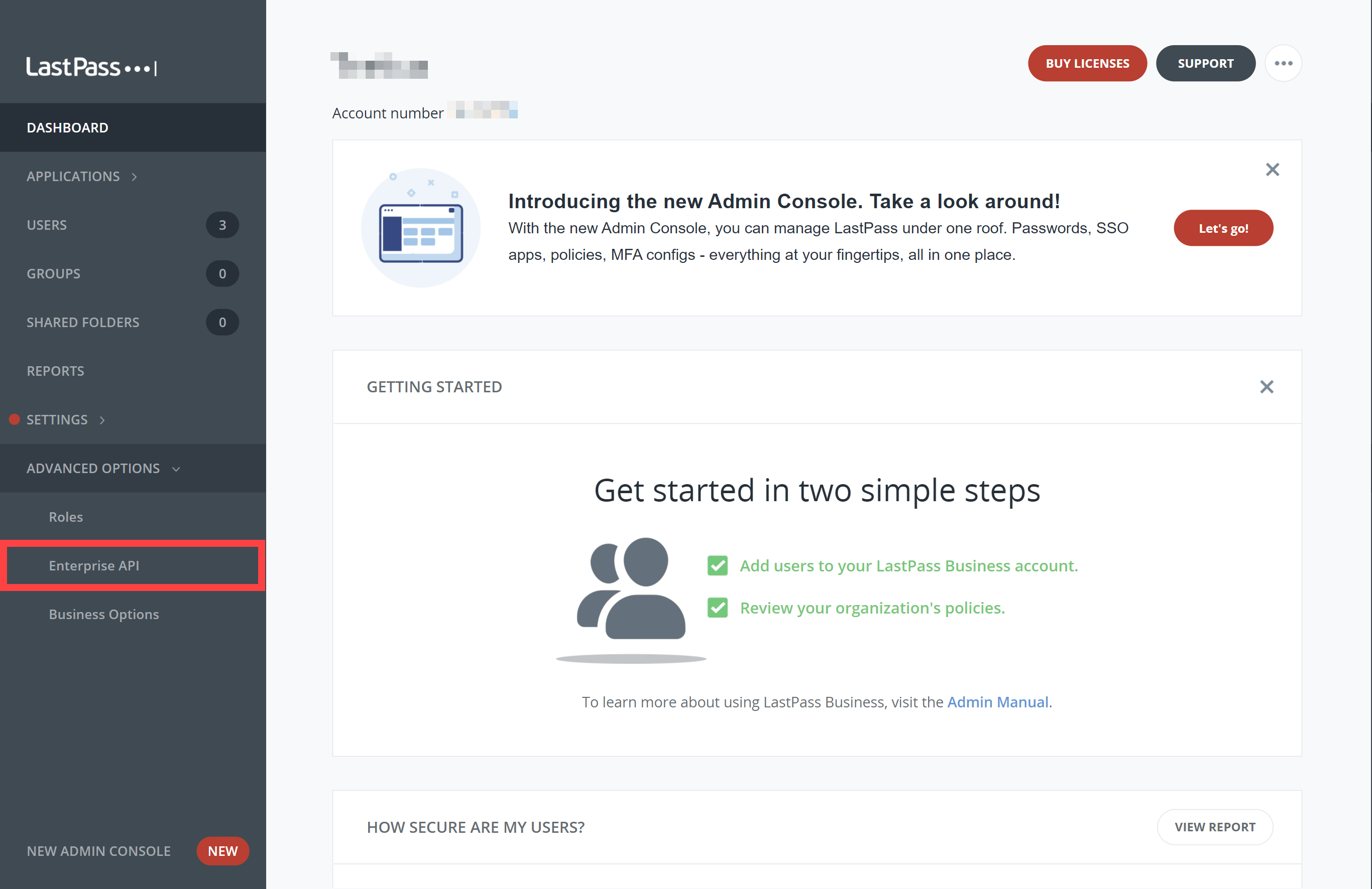 LastPass old admin console with Advanced Options and Enterprise API highlighted