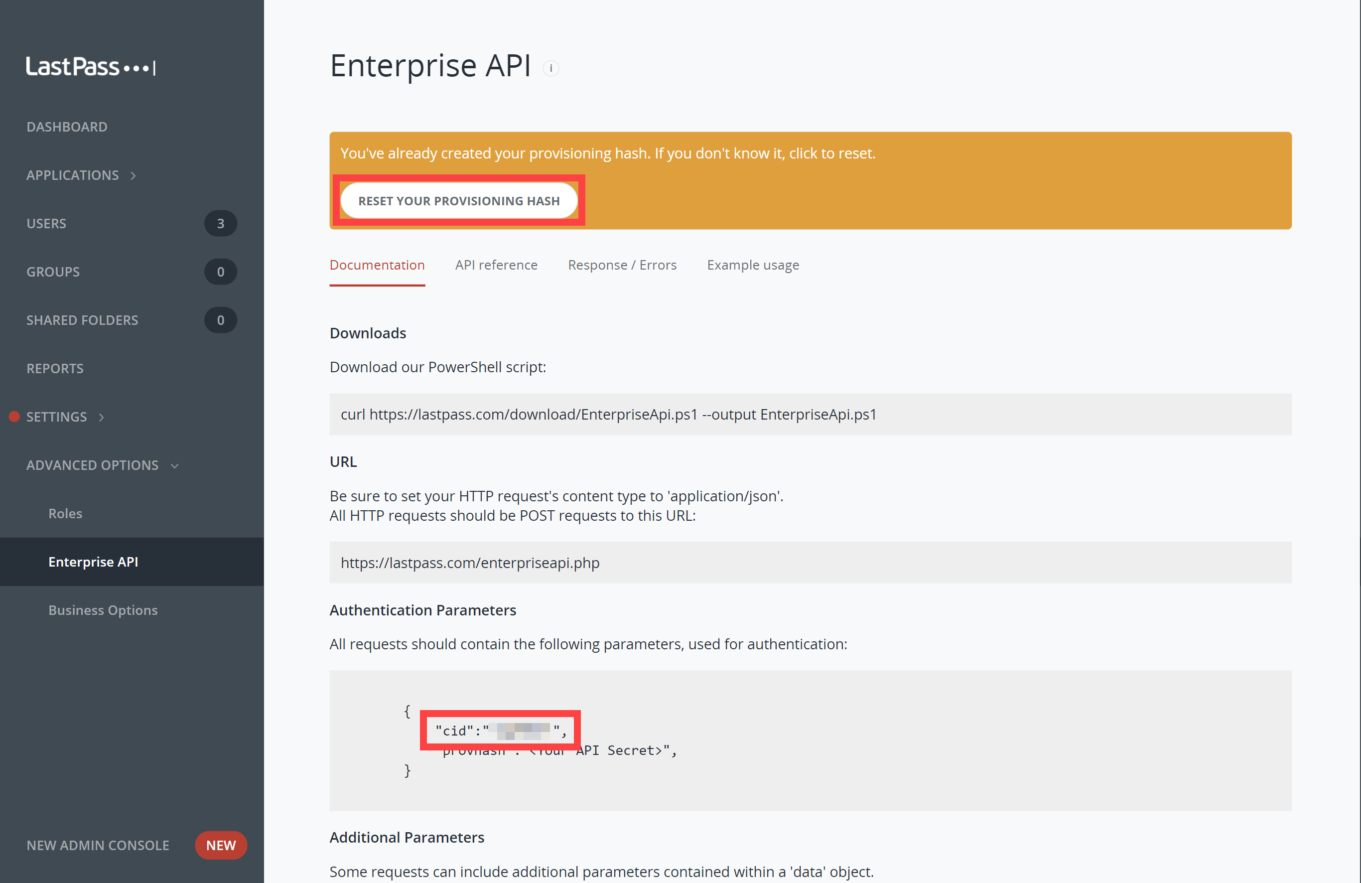 LastPass old Enterprise API page with the client ID value highlighted