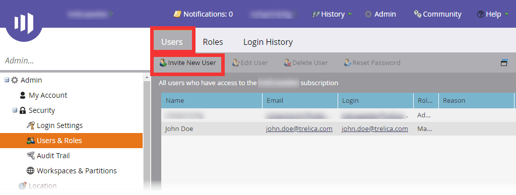 Marketo Users and Roles page with the Users tab and Invite New User button highlighted