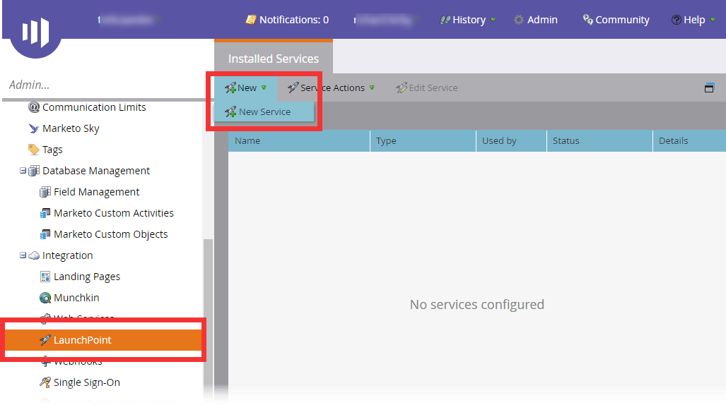 Marketo LaunchPoint page with the New Service action highlighted