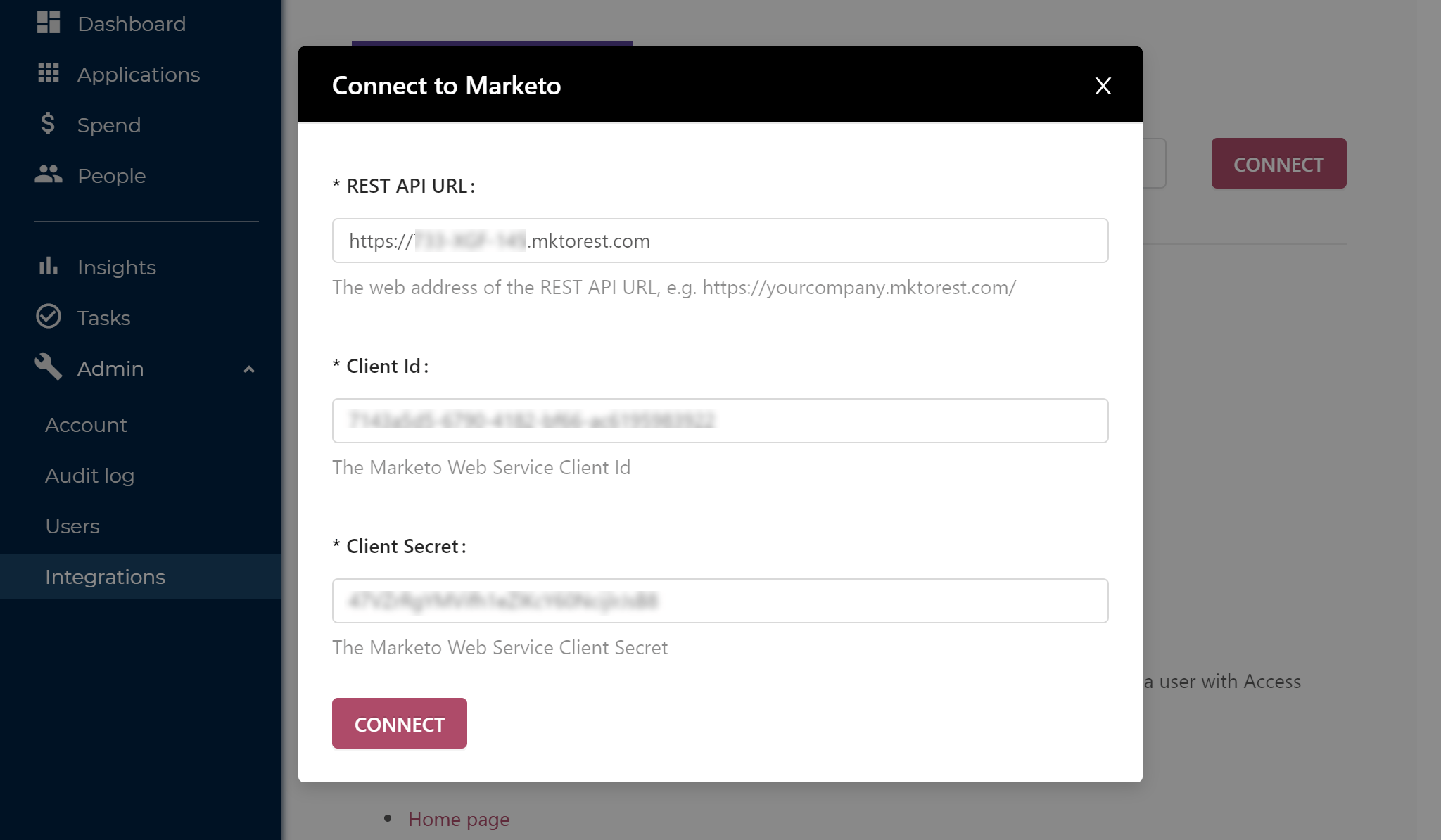 SaaS Manager Connect to Marketo dialog with REST API URL, client ID, and client secret fields