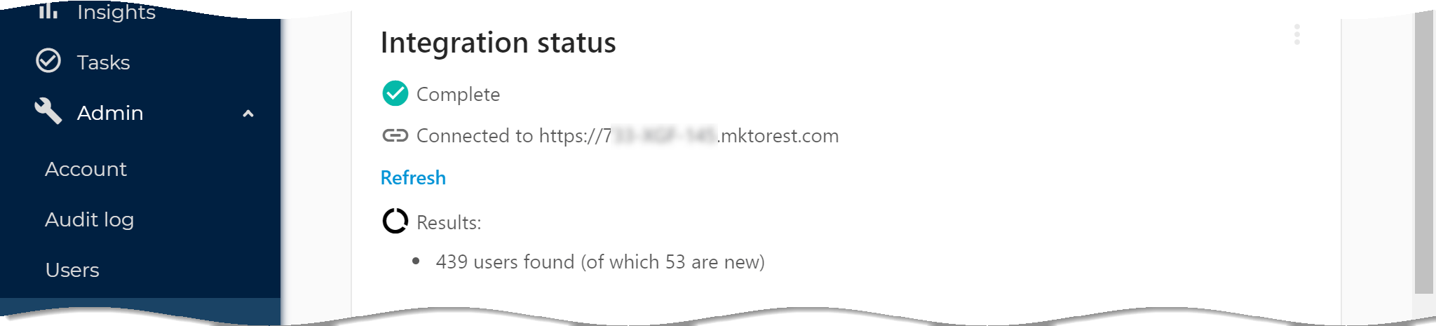 SaaS Manager Marketo integration status showing a completed connection and user results
