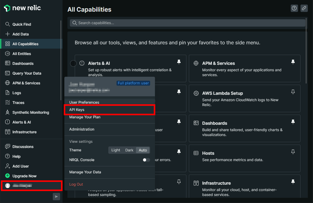 New Relic account menu with API Keys highlighted