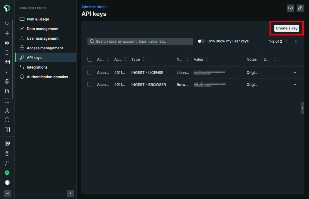 New Relic API keys page with the Create a key button highlighted