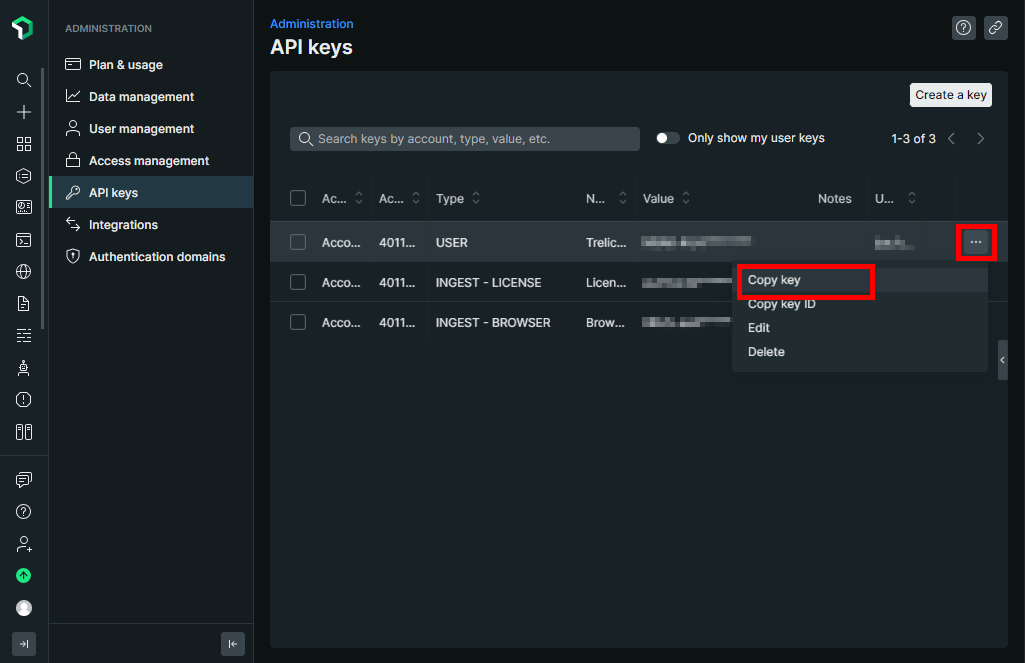 New Relic API key row menu with Copy key selected