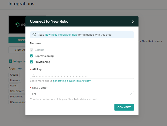 SaaS Manager Connect to New Relic dialog with API key and data center fields