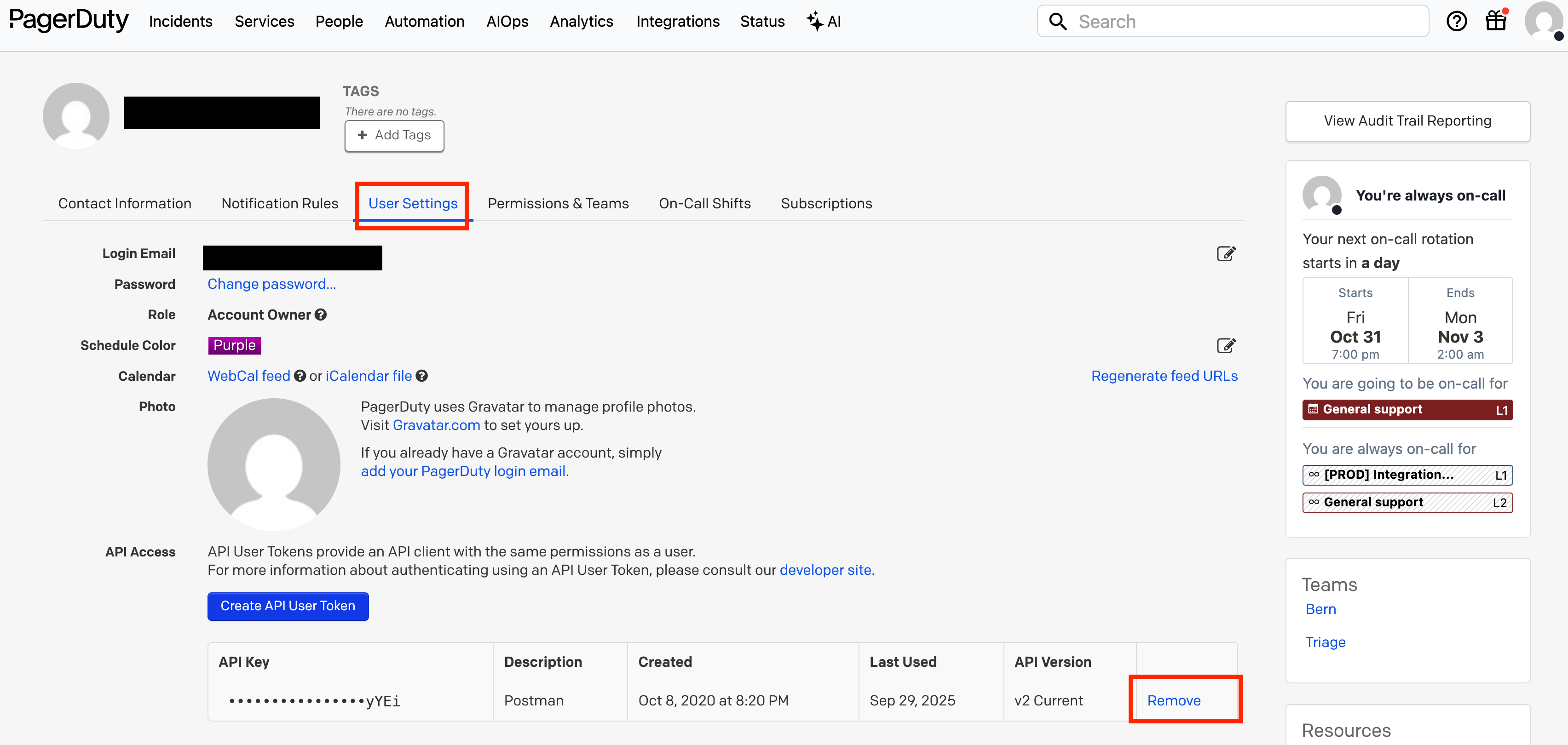 PagerDuty User Settings page with the Create API User Token button and Remove link