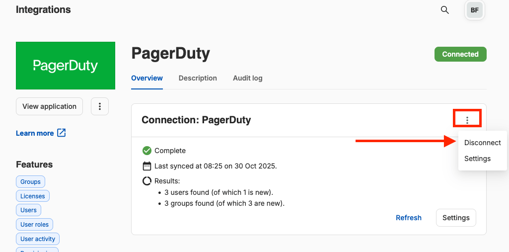 SaaS Manager PagerDuty connection menu with Disconnect selected