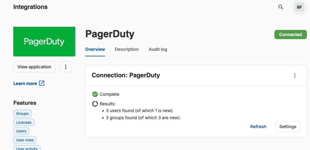 SaaS Manager PagerDuty integration page showing a completed connection