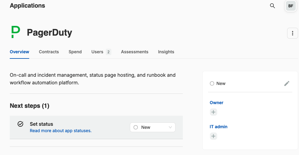 SaaS Manager PagerDuty application overview with the status control