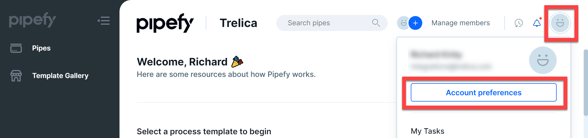 Pipefy user menu with Account preferences highlighted