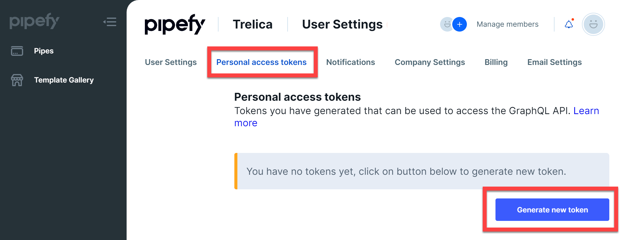 Pipefy Personal access tokens page with Generate new token highlighted