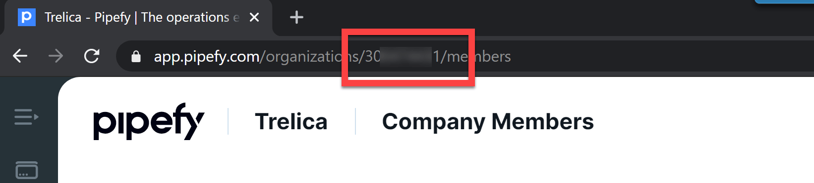 Pipefy Company page with the organization ID highlighted in the browser address bar