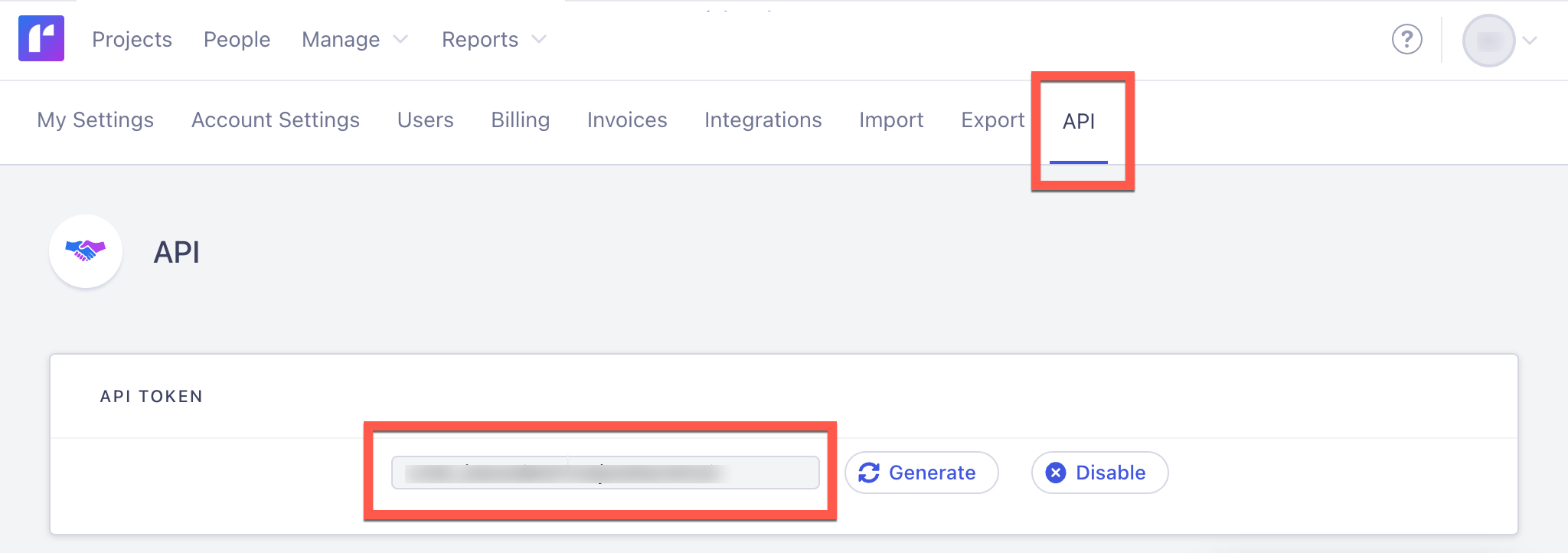 Runn API settings page showing the API token