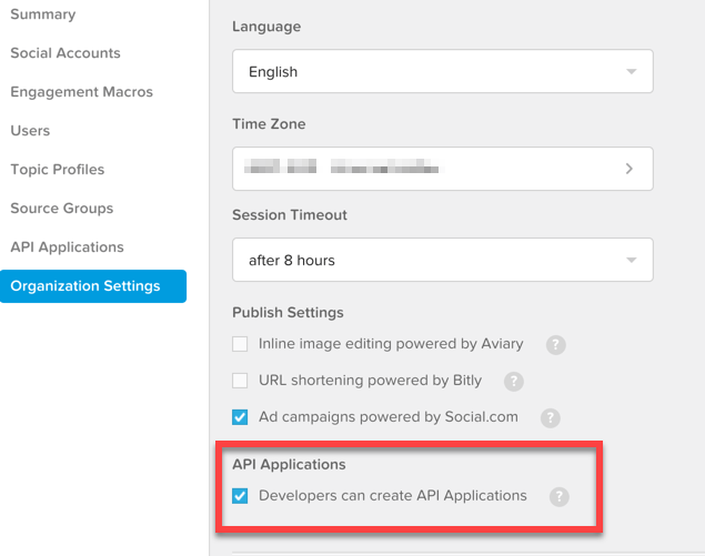 Salesforce Social Studio organization settings with Developers can create API Applications enabled