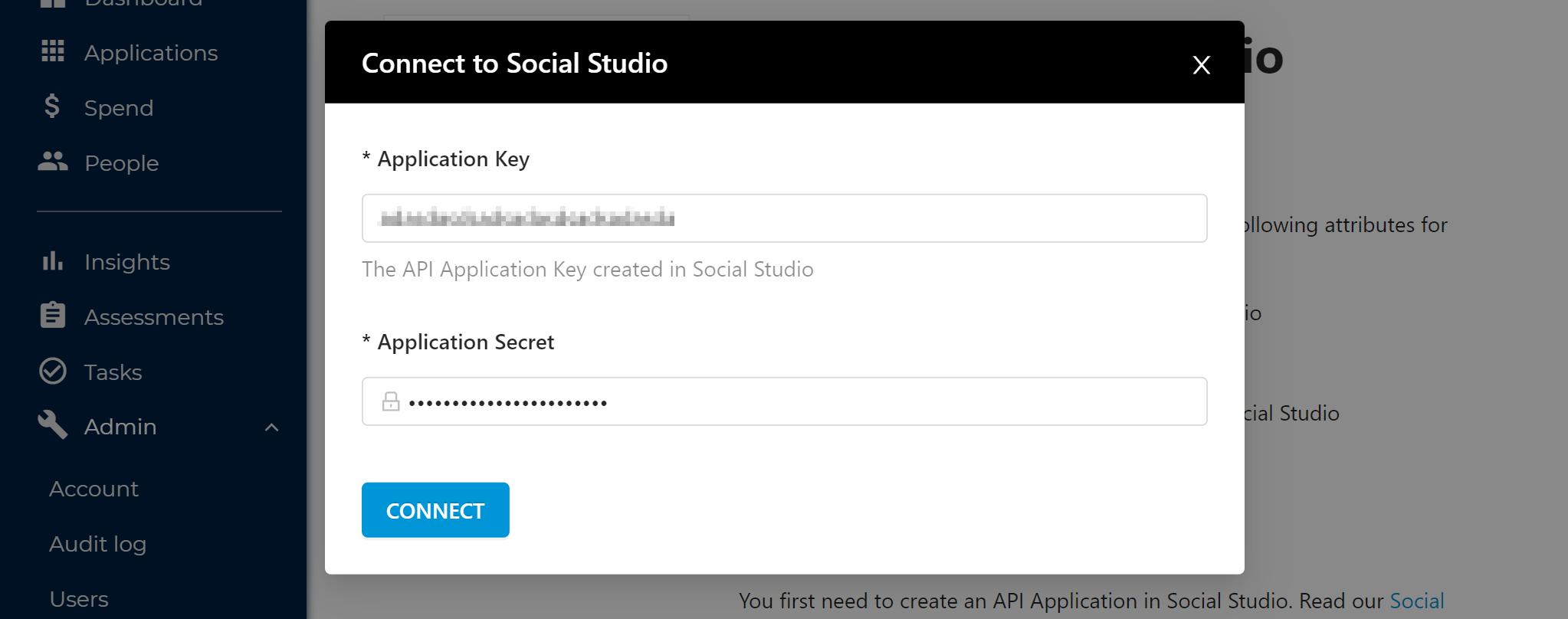 SaaS Manager Social Studio connection dialog with application key and secret fields