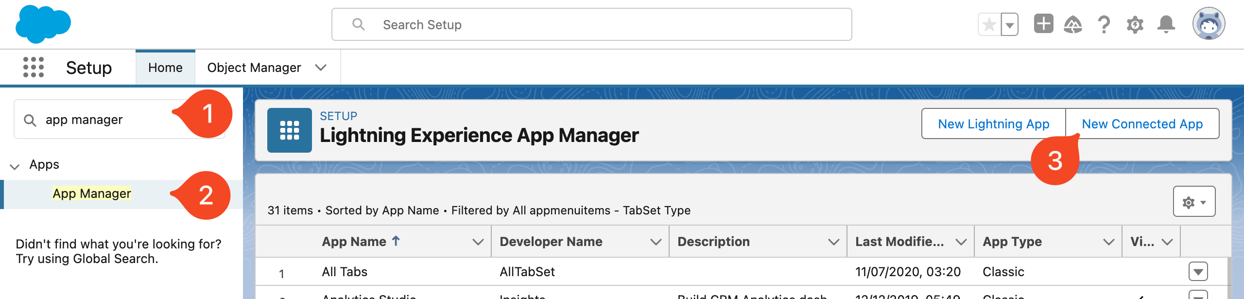 Salesforce App Manager page with New Connected App selected