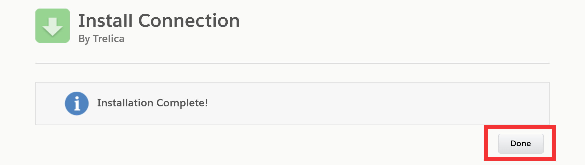 Salesforce package installation confirmation page with Done