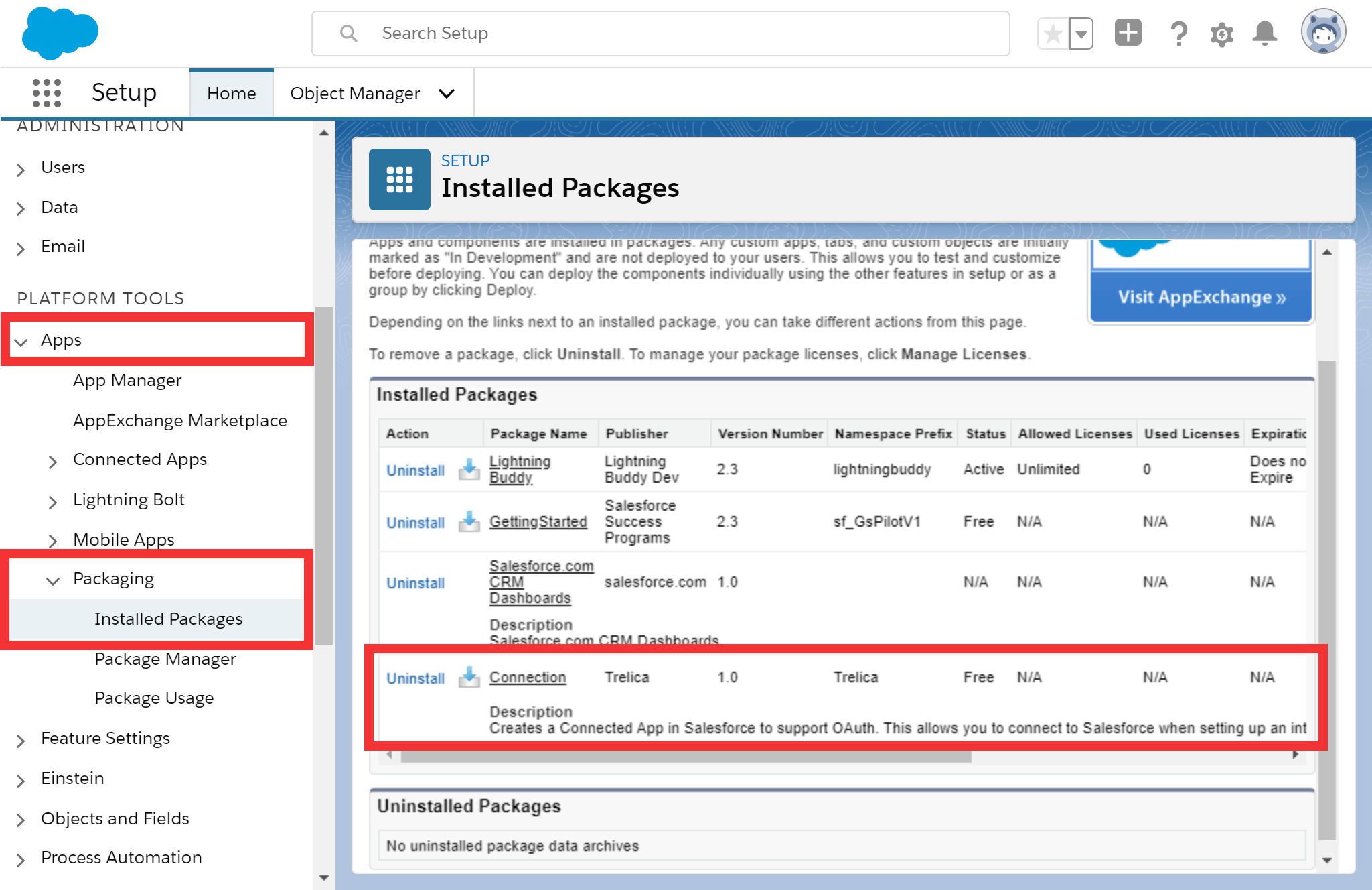 Salesforce Setup navigation with Installed Packages selected