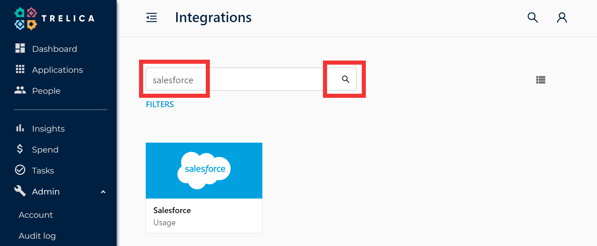 SaaS Manager integrations page with Salesforce entered in the search box