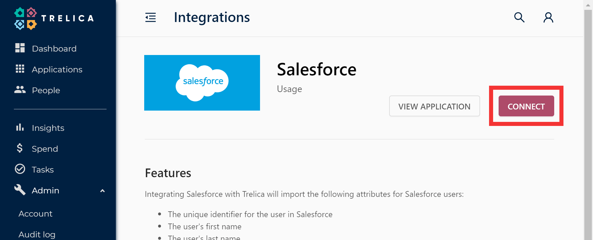 SaaS Manager Salesforce integration page with the Connect button
