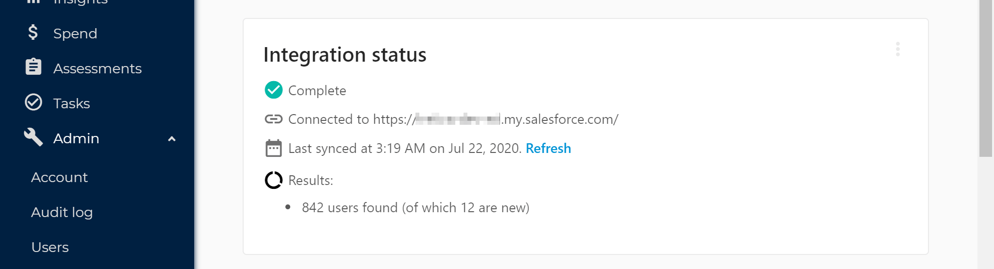SaaS Manager Salesforce integration page showing a successful synchronization
