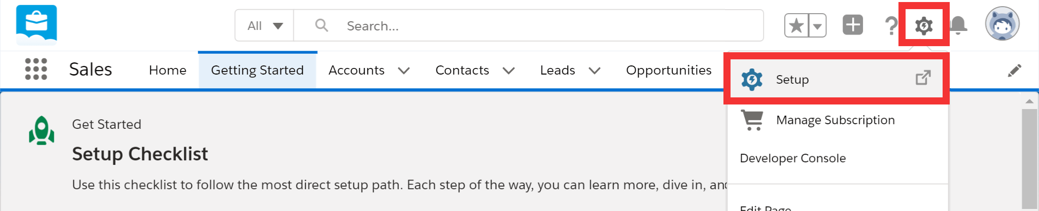 Salesforce settings menu with Setup selected
