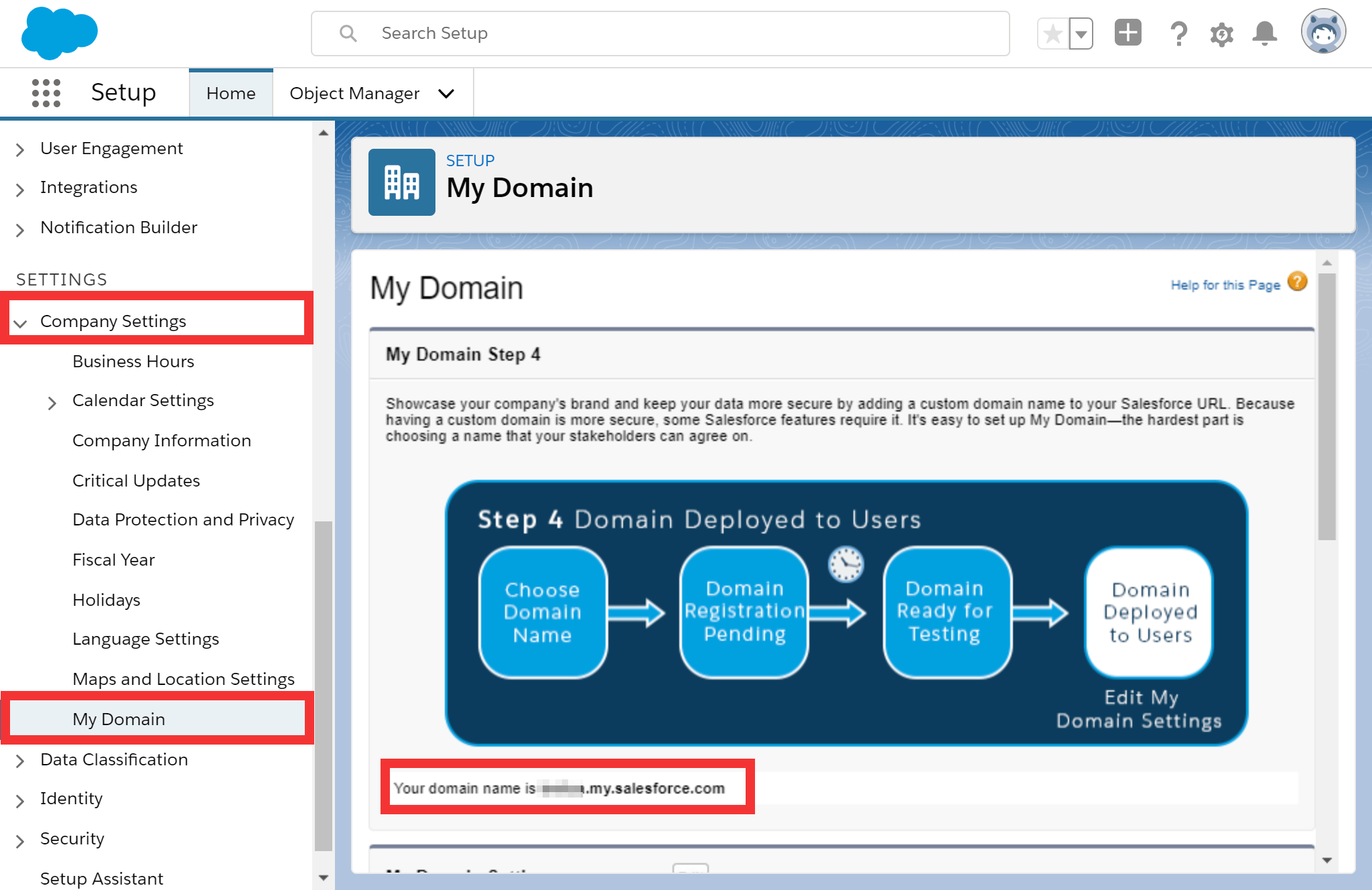 Salesforce My Domain settings page showing the custom domain