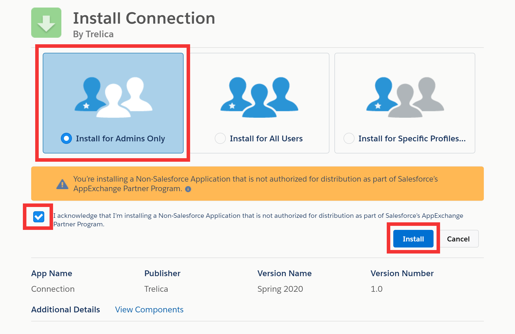 Salesforce package installation page with Install for Admins Only selected