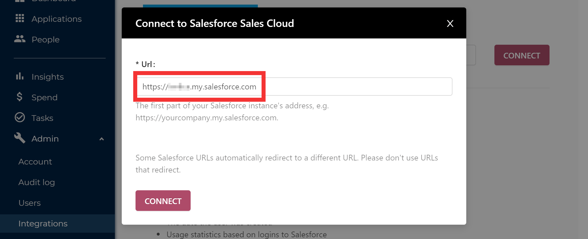 SaaS Manager Salesforce connection dialog with the Salesforce URL field