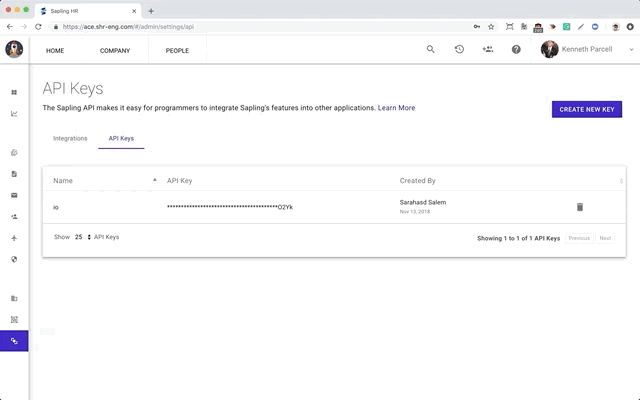 Sapling API Keys page with Create new key selected