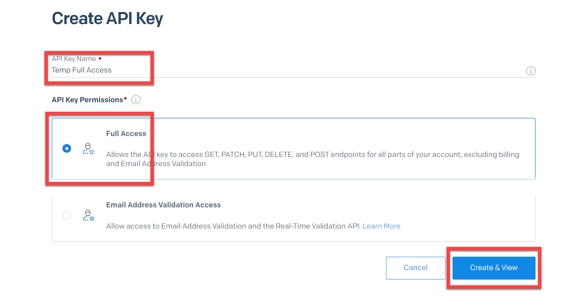 SendGrid API key form with Full Access selected