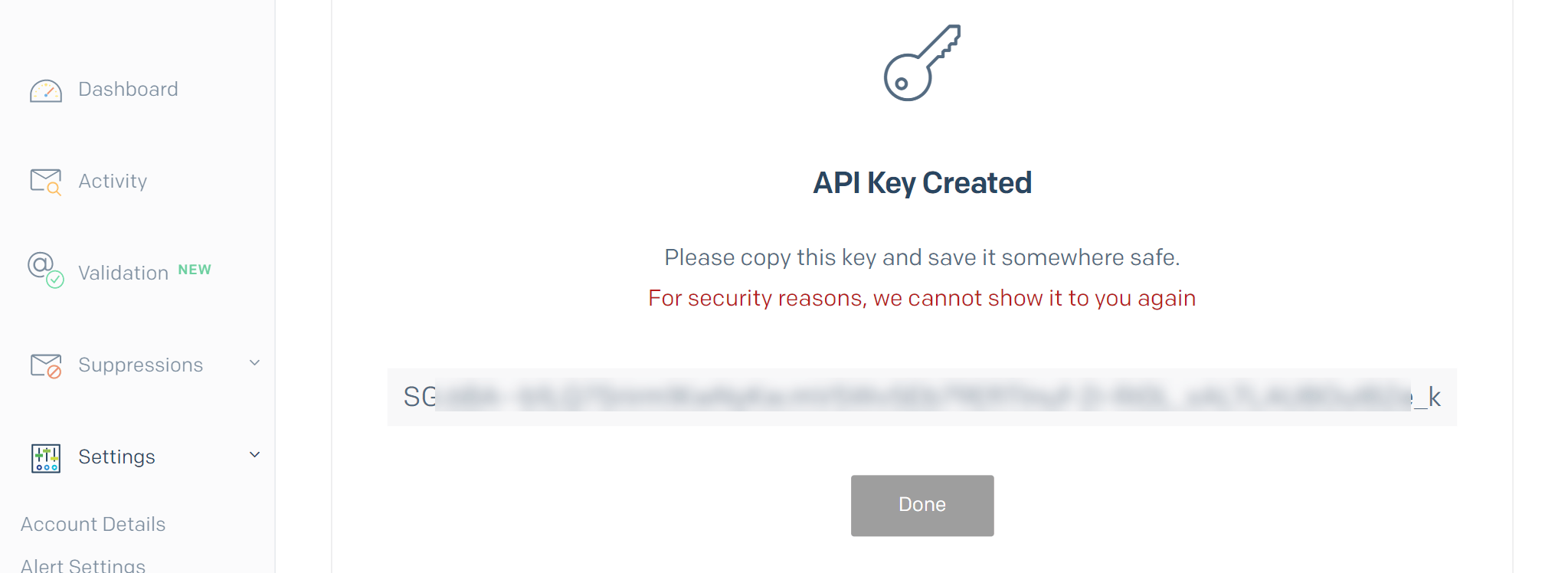 SendGrid API key confirmation showing the generated key