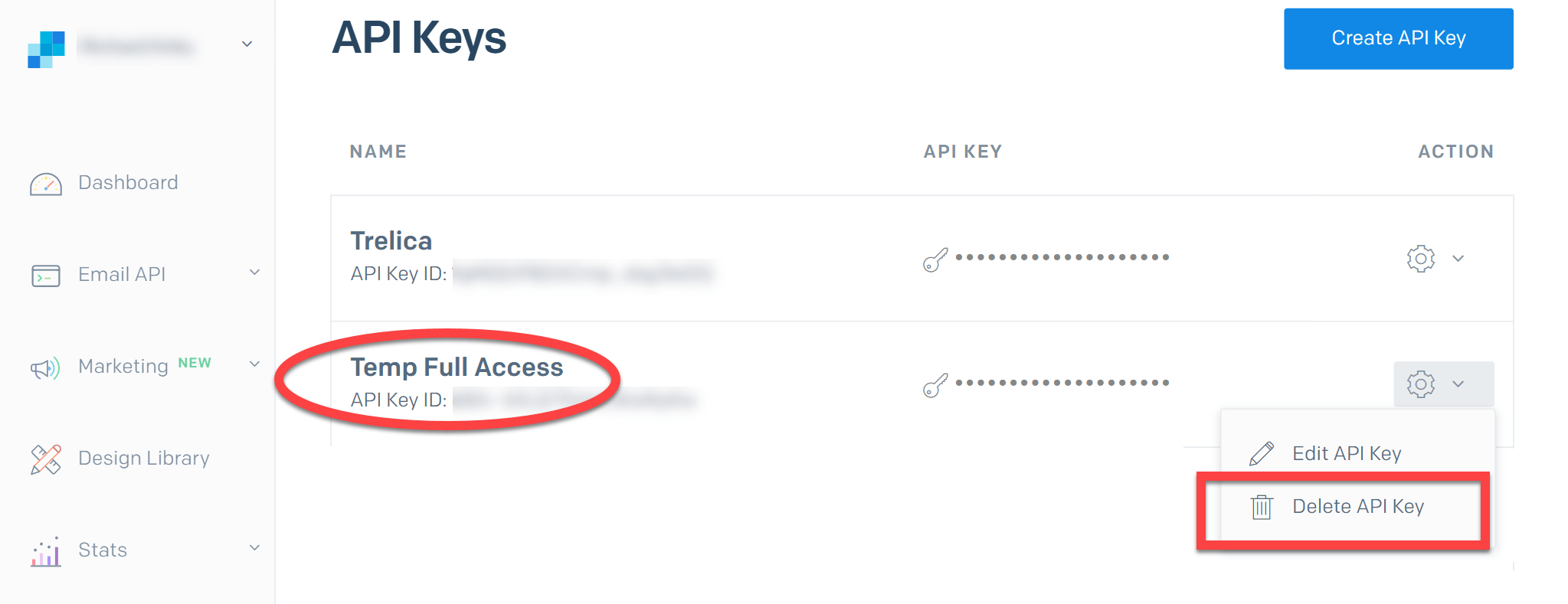 SendGrid API Keys page for deleting the temporary full-access key