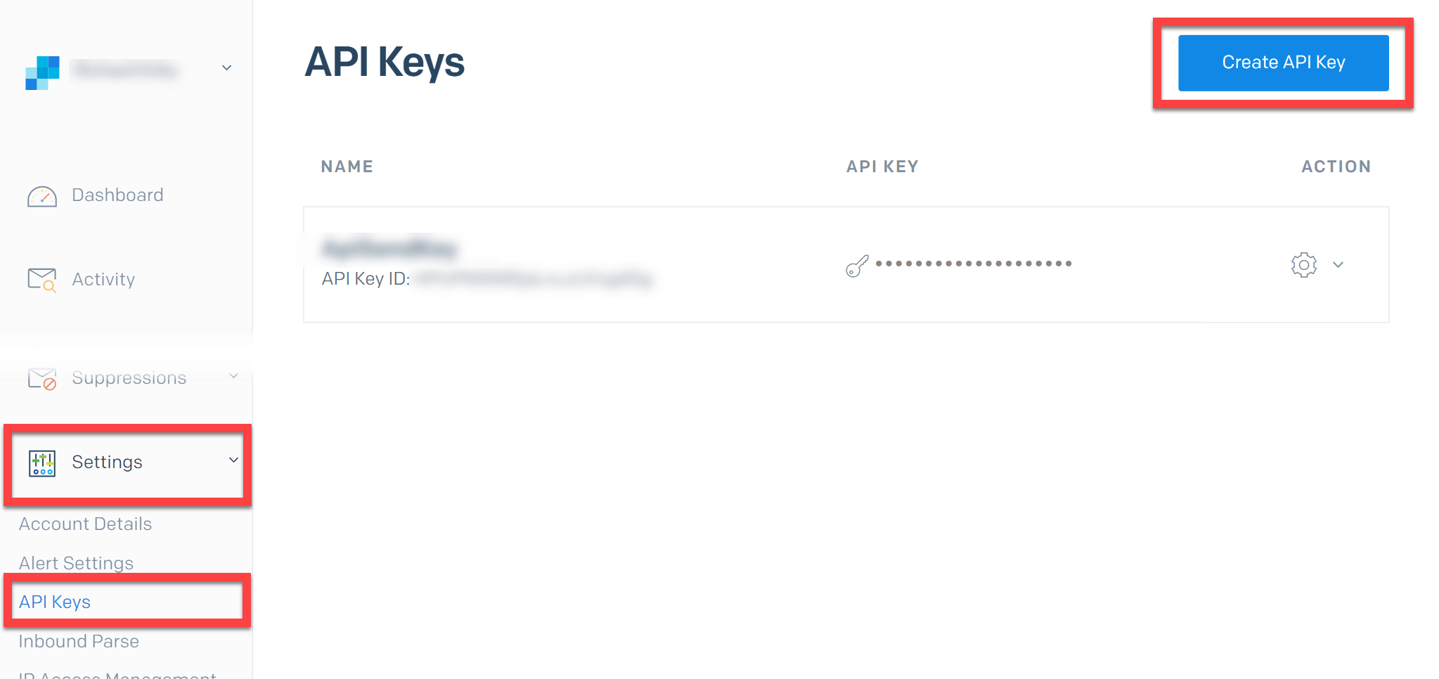 SendGrid API Keys page with Create API Key selected
