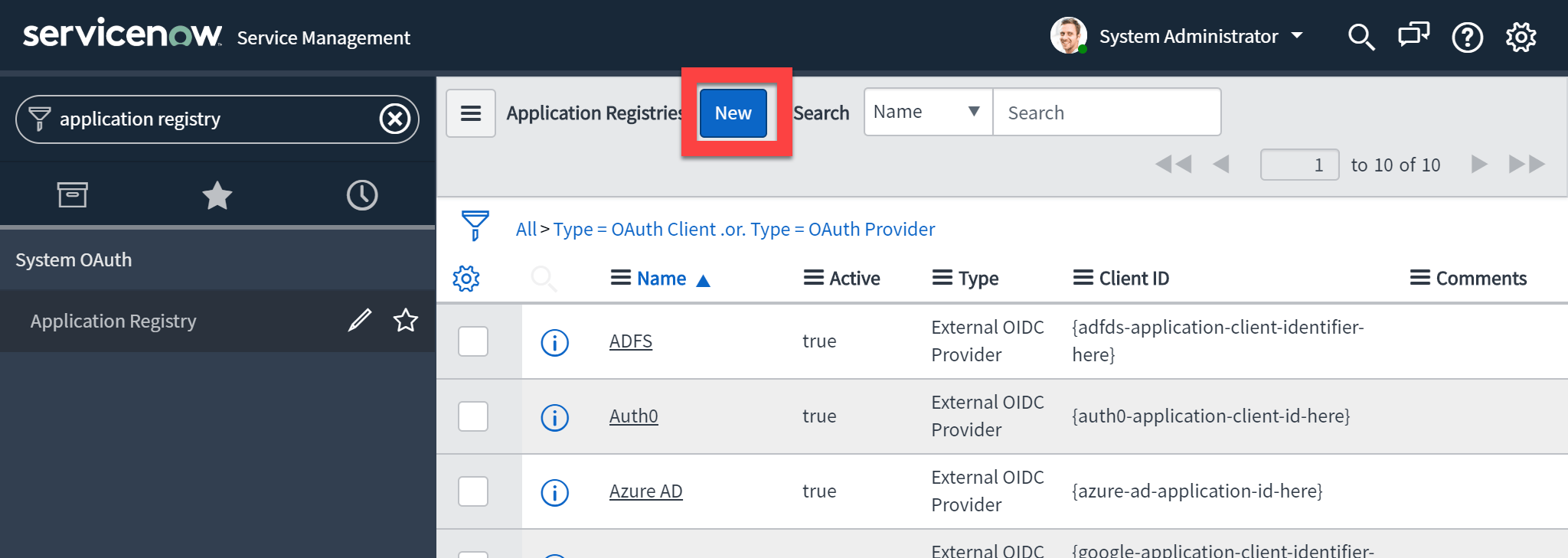 ServiceNow Application Registry page with New selected