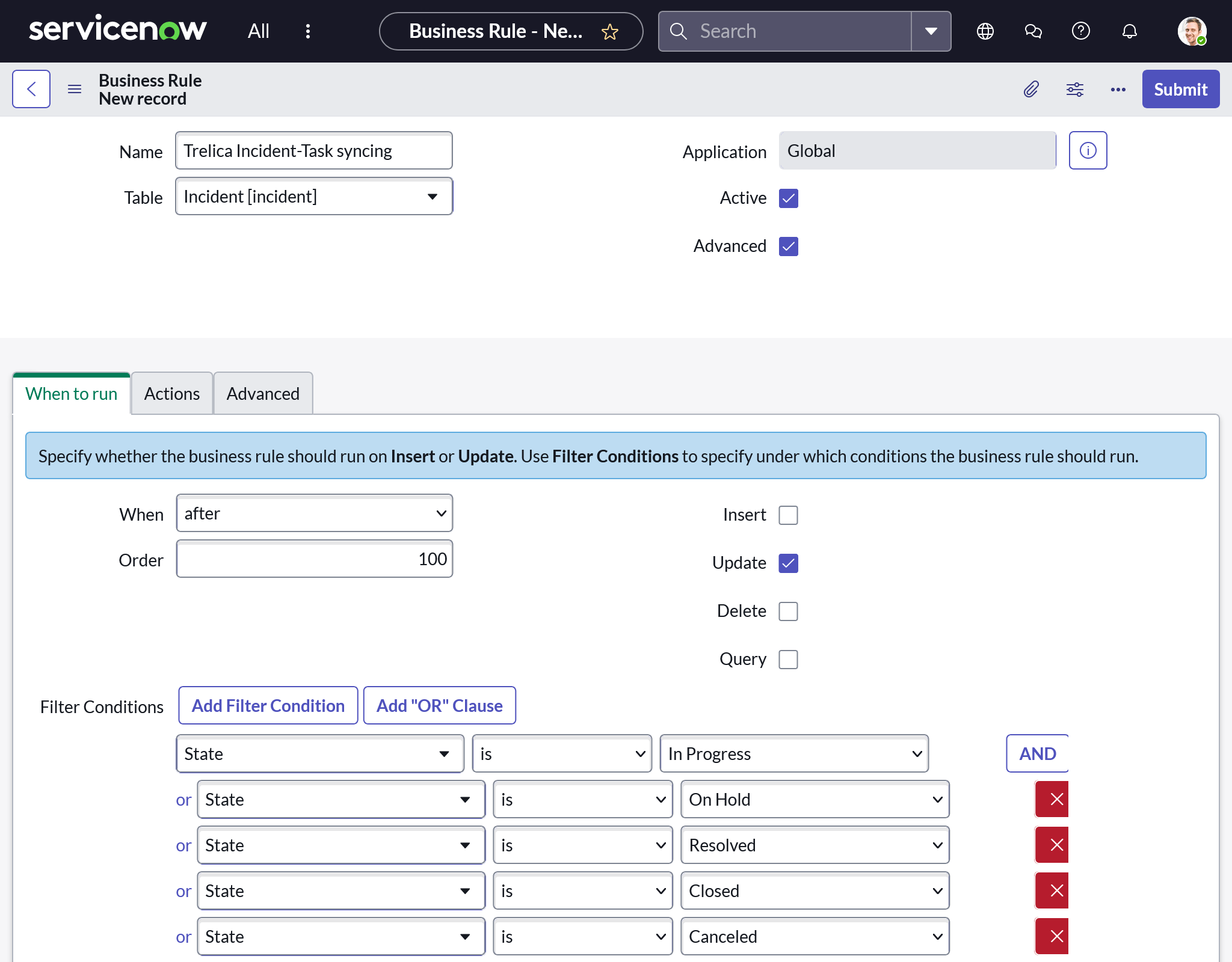 ServiceNow Business Rule When to run tab with an after-update state filter