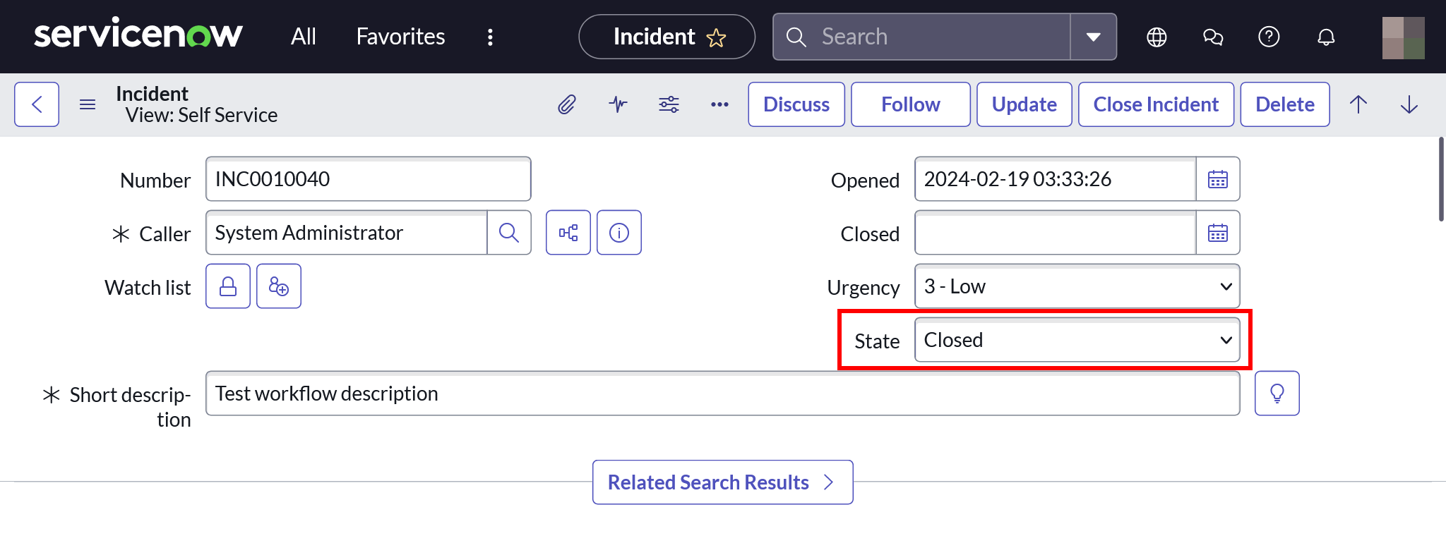 SaaS Manager Transition ticket action with state and resolution fields
